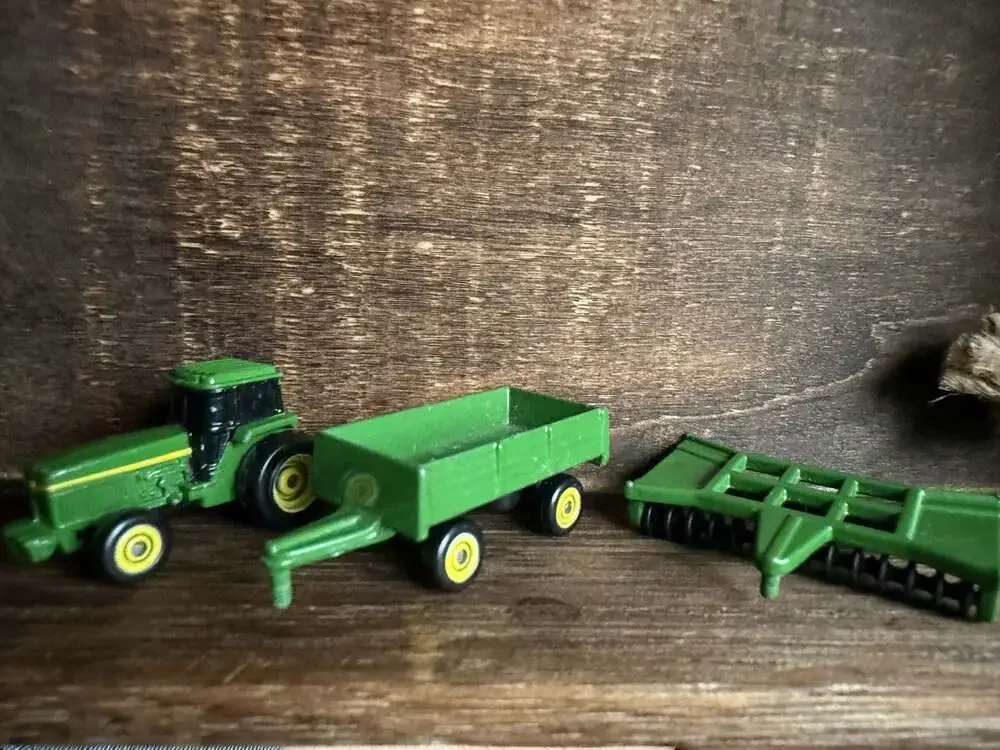 Vintage Ertl John Deere Tractor with Trailer and Disc Harrow Implements